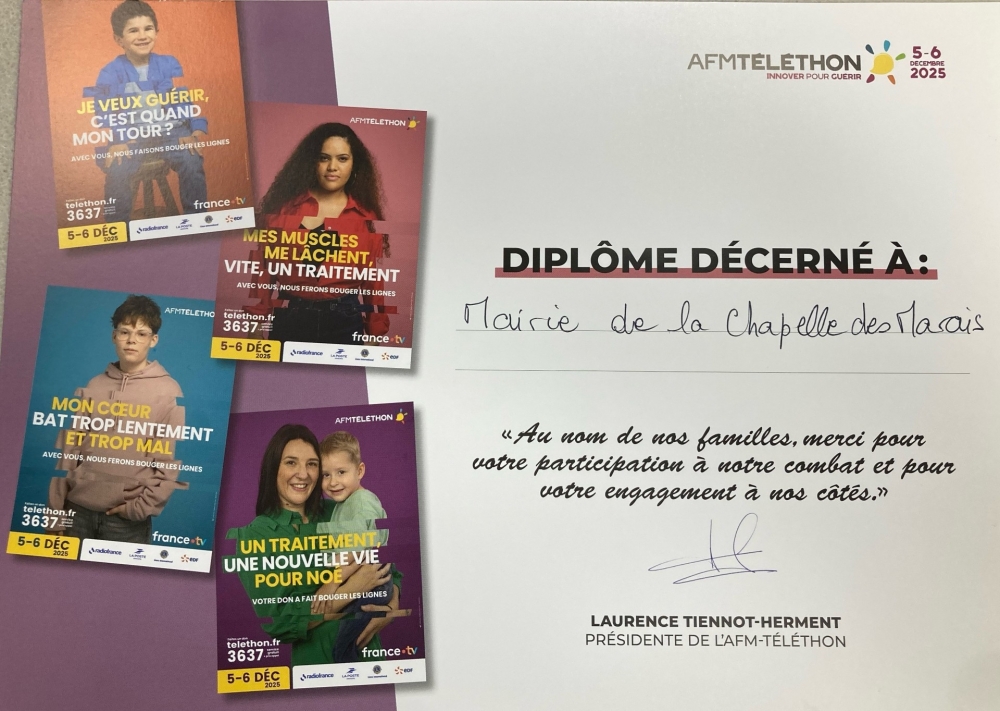 La commune a reçu le diplôme de l’AFM-Téléthon !